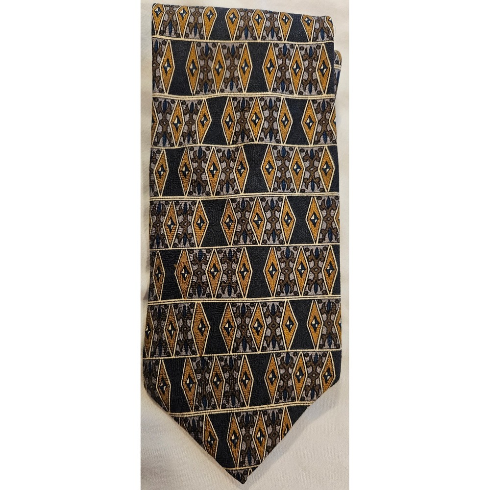 Retro Design Studios Mens Silk Tie Geometric Diamond Gold Blue USA Made